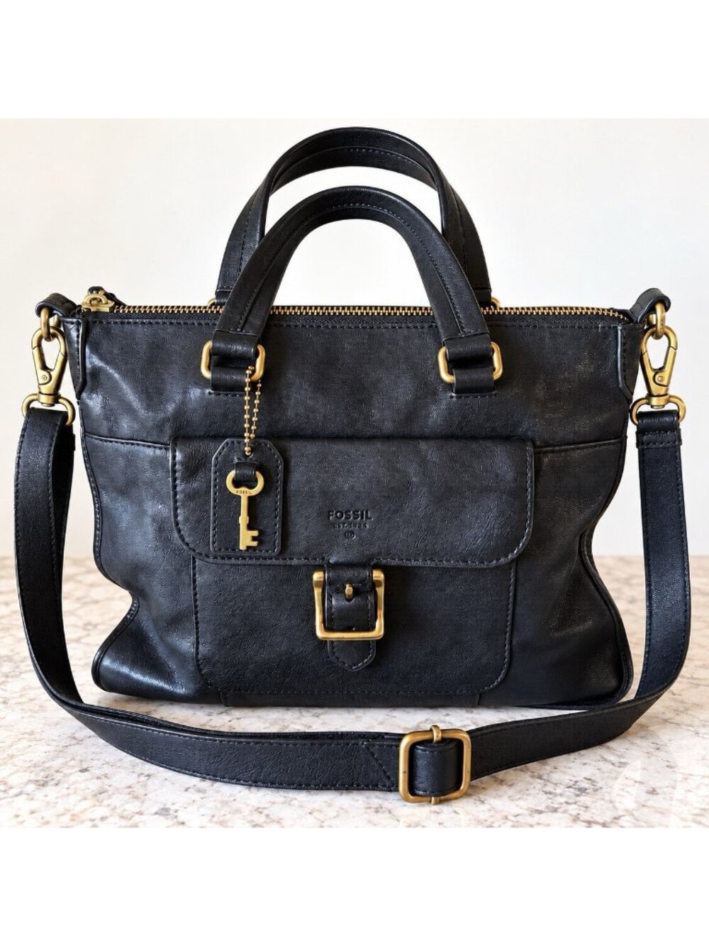 Fossil SHB1259 Black Goat Hide Leather Satchel Crossbody Bag Key Charm